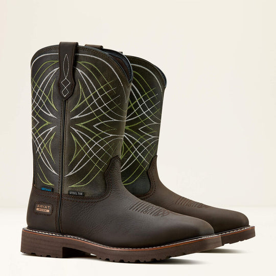 Ariat Men's Activator 11" Steel Toe Waterproof Western Work Boot- Brown/Green- 10060892 - Overlook Boots
