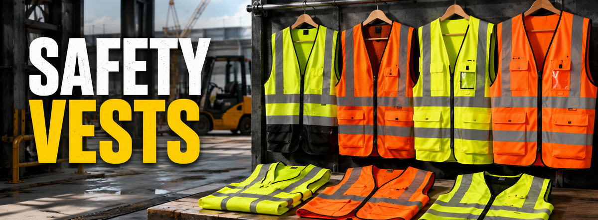 A retail display of high-visibility safety vests in multiple colors including orange, yellow, and black, hanging on wooden hangers and folded on a table.