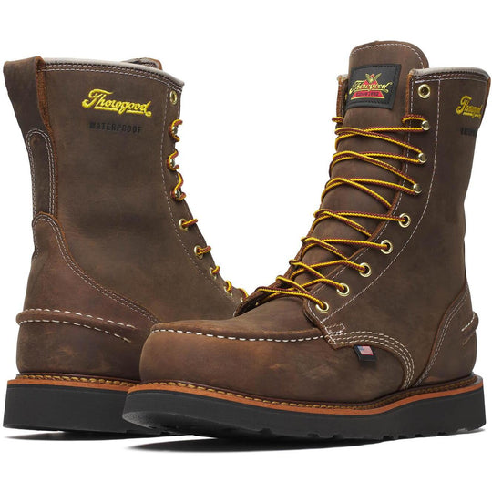 Thorogood Men's 1957 Series 8" Steel Moc Toe WP BLK Wedge Work Boot - Brown - 804-3878 - Overlook Boots
