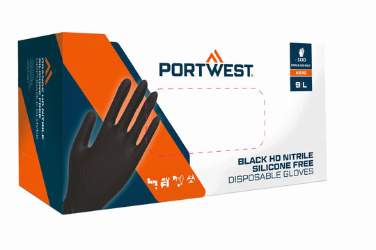Portwest Orange HD Disposable Gloves - Black - 12 Boxes - A930 Small / Black - Overlook Boots