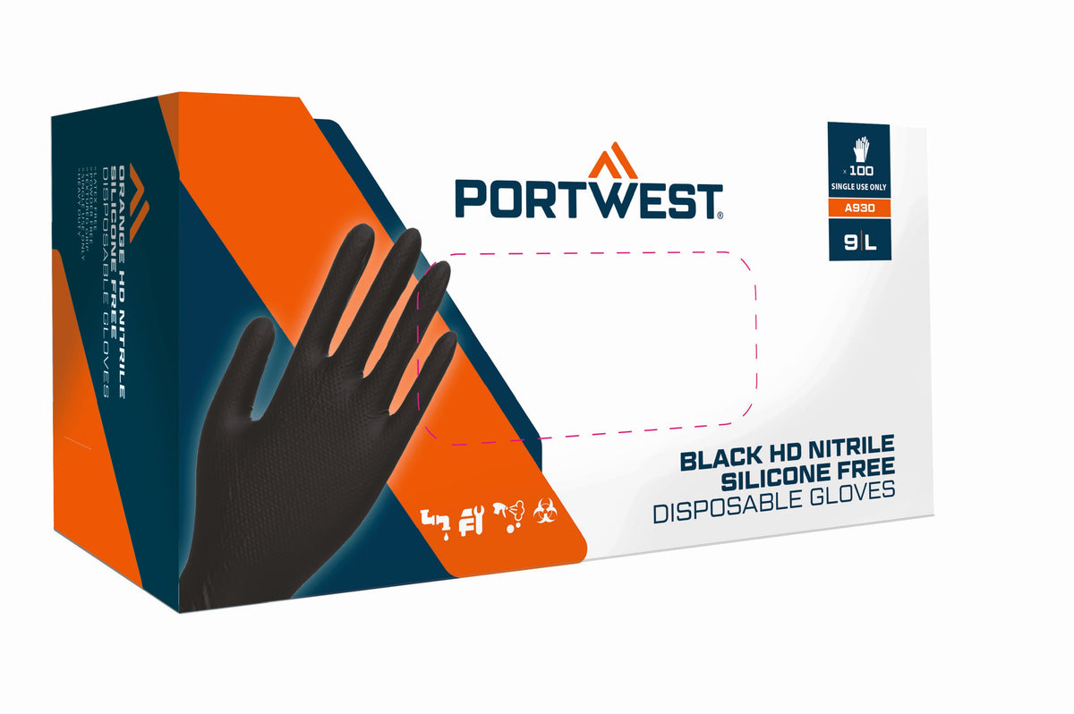 Portwest Orange HD Disposable Gloves - Black - 12 Boxes - A930 Small / Black - Overlook Boots