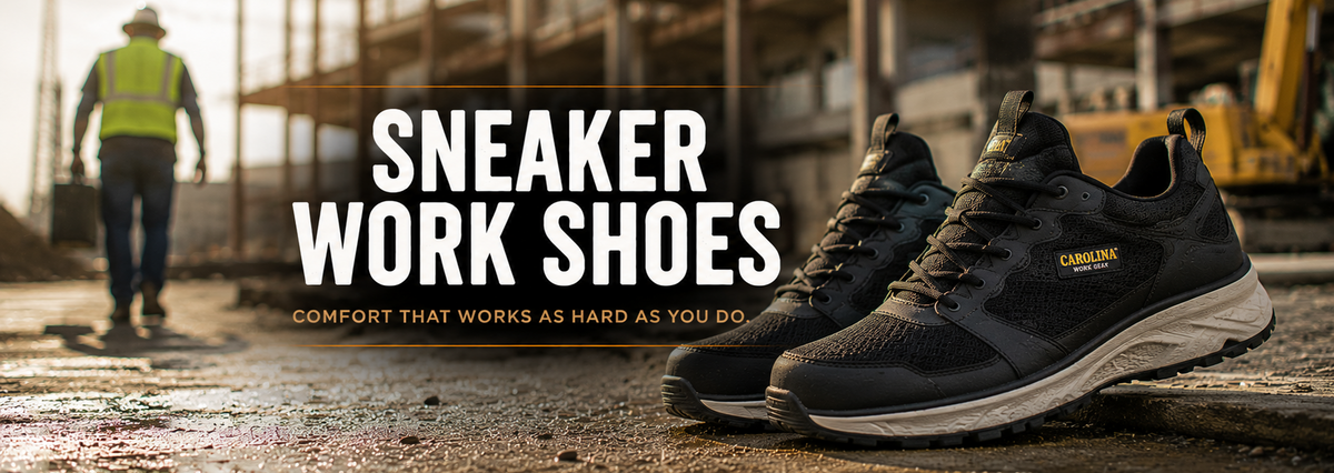 Black and gray work sneakers with white soles, shown in the foreground with a blurred construction site and a worker in the background.