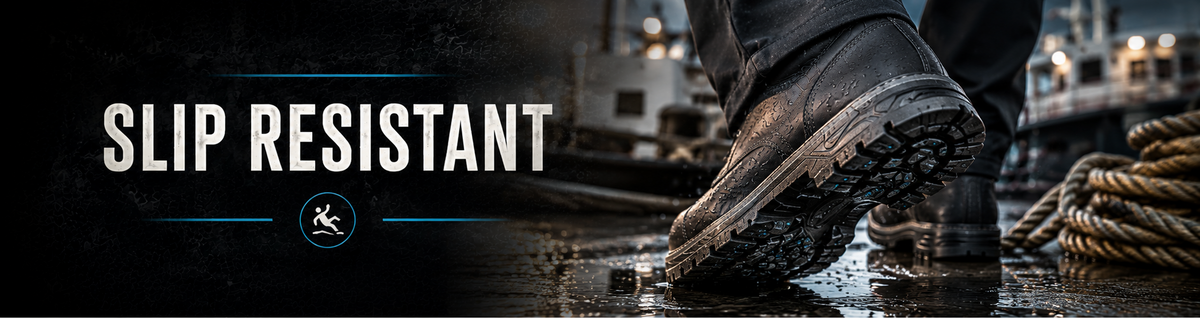 Close-up of dark slip-resistant work boots worn on a wet industrial dock floor.