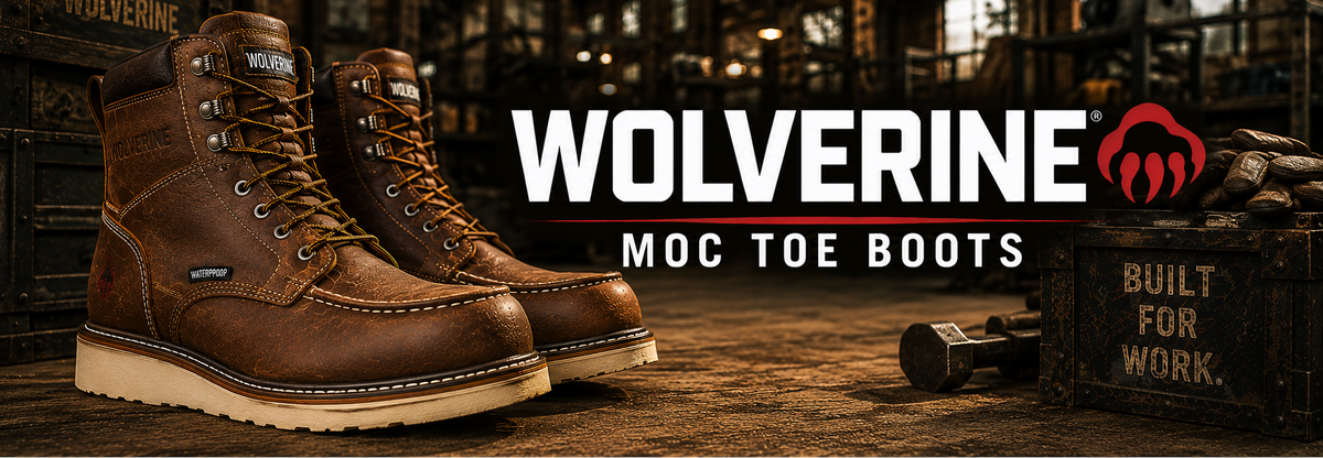 A pair of brown Wolverine Moc Toe Boots displayed in a rustic industrial workshop setting with the brand logo and 'WOLVERINE' text overlaid on the right side.