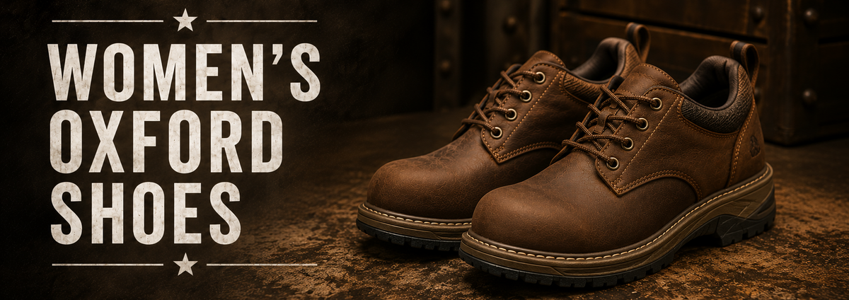 A pair of brown leather women's oxford shoes displayed on a rustic wooden surface next to bold white text that reads 'WOMEN'S OXFORD SHOES'.
