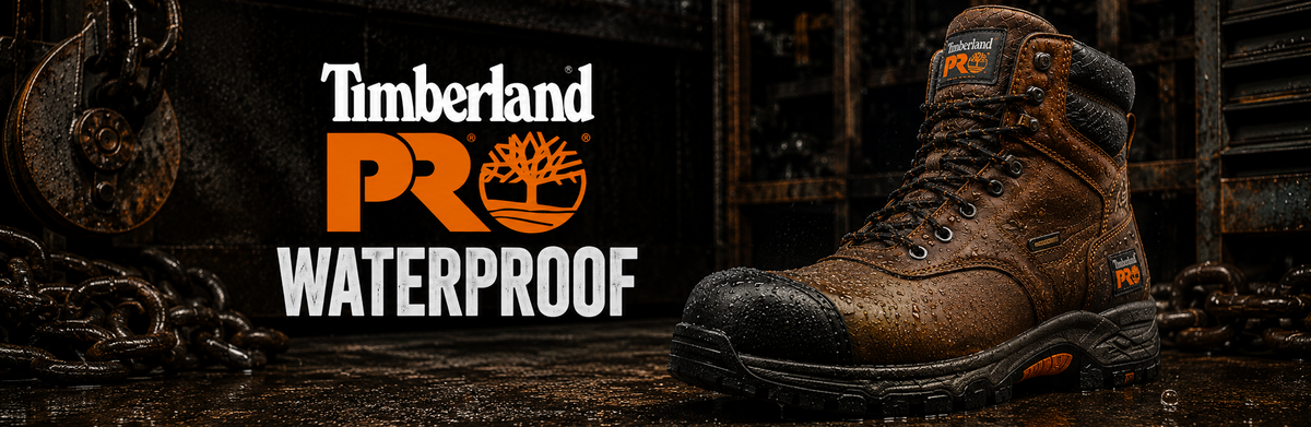 A Timberland PRO Waterproof work boot in brown leather, shown in a dark, rugged industrial setting with chains and metal textures.