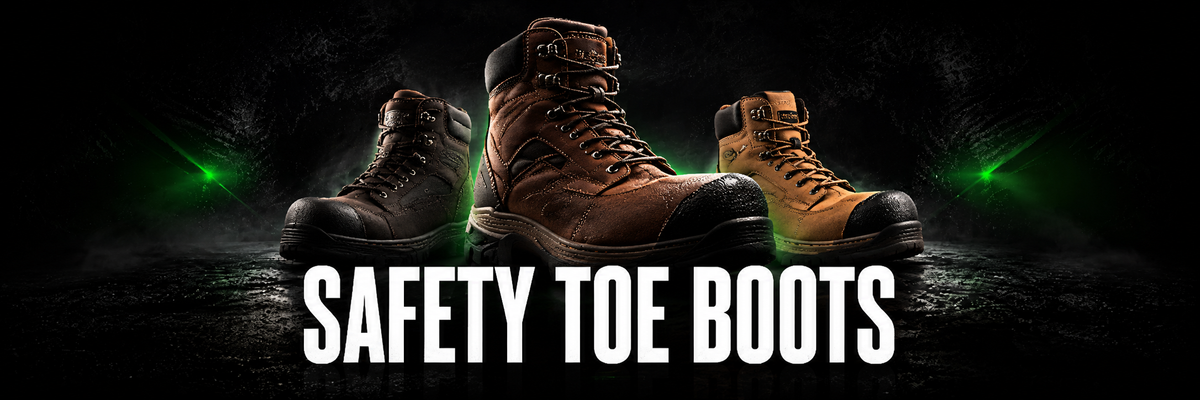 Safety toe work boots with protective toe caps.