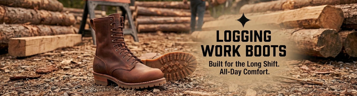 Tall lace-up logger work boots.