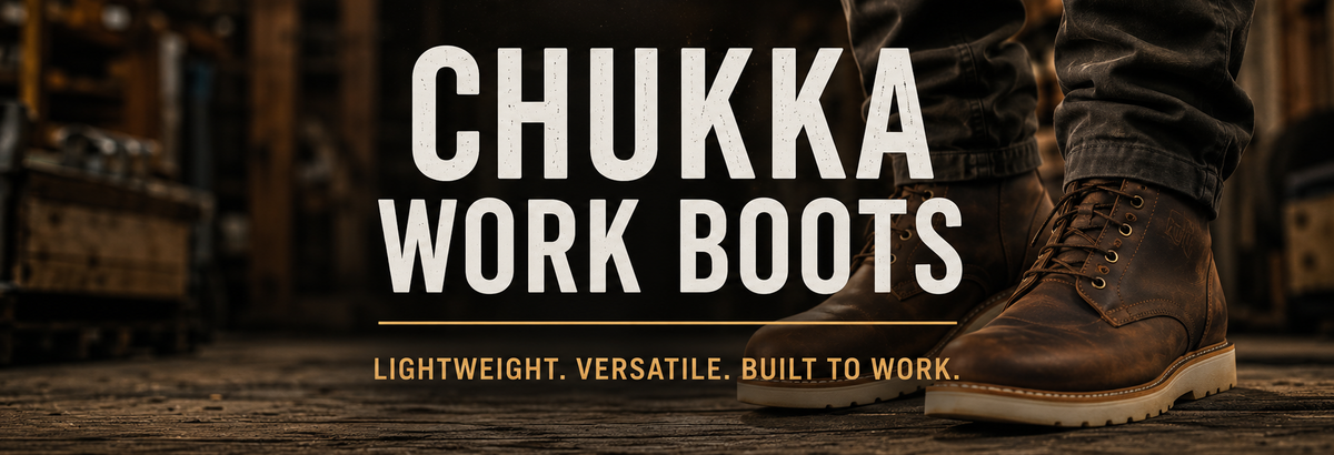 Brown leather chukka work boots worn with dark jeans in a workshop.