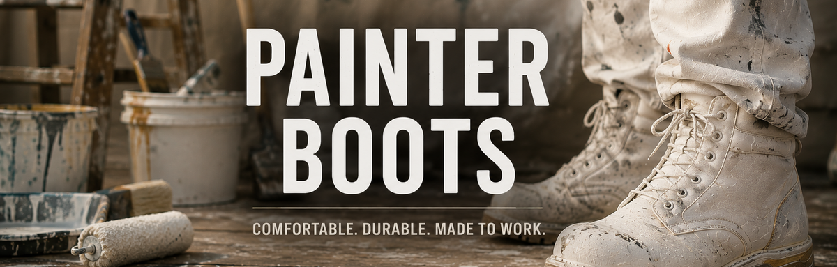 A pair of off-white canvas work boots with white laces, shown in a rustic workshop setting with paint cans and tools. Large white text reads 'PAINTER BOOTS'.