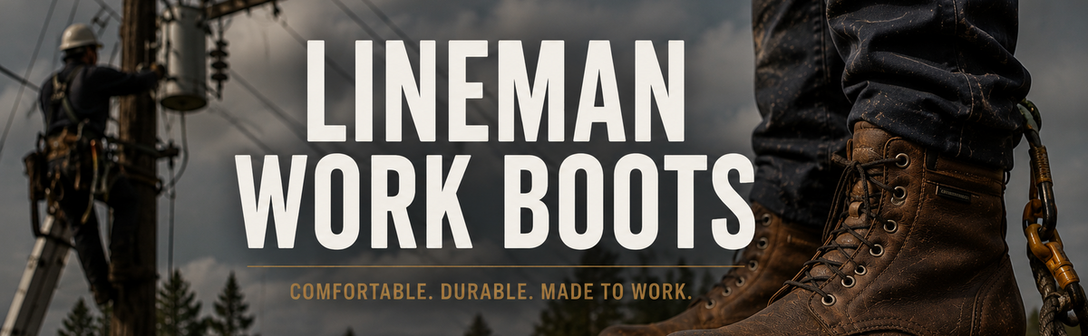 Tall lace-up lineman work boots.