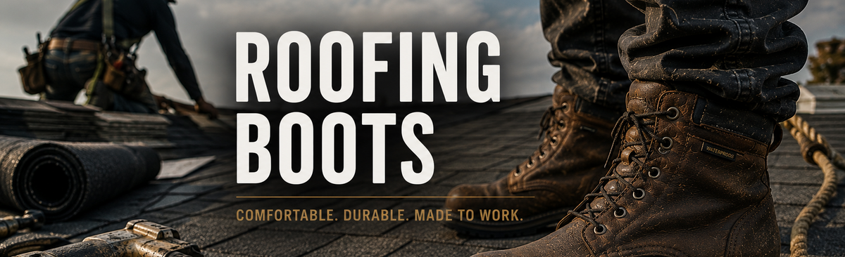 Brown roofing work boots worn with dark pants on a wooden work deck.