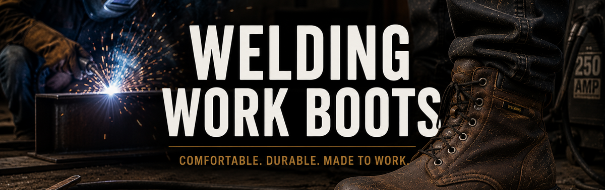 Brown leather welding work boot beside flying sparks, with industrial workshop background and Welding Work Boots heading.