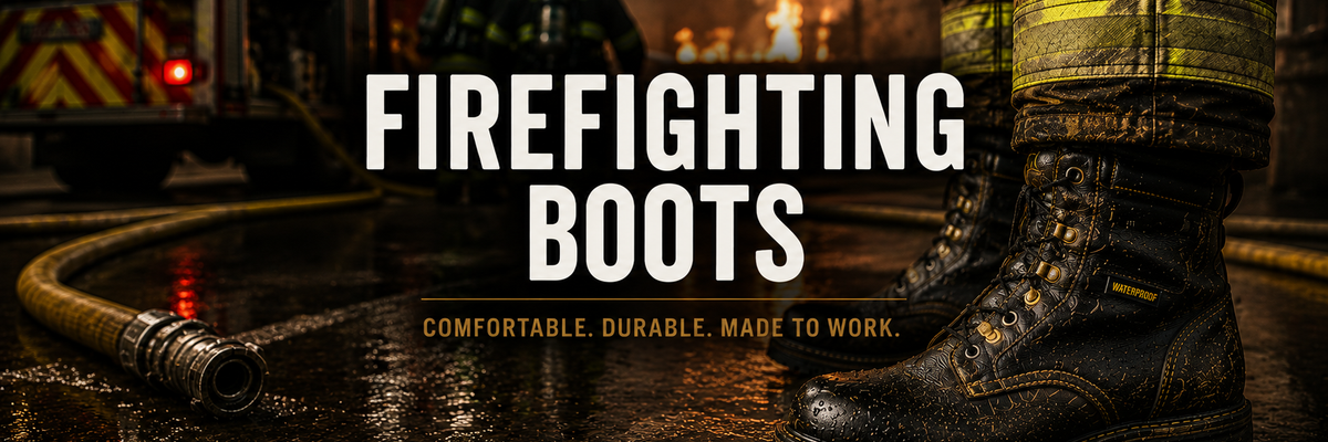 Black firefighter duty boots and station shoes.