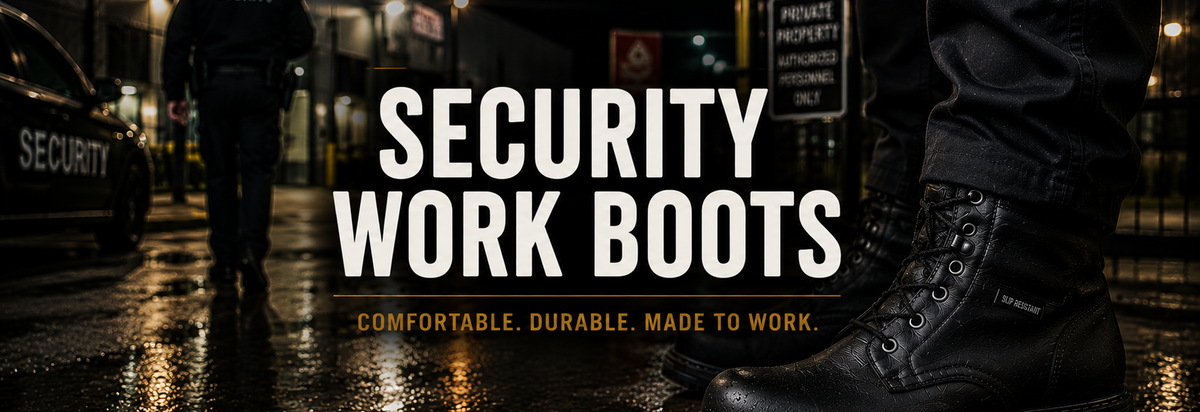 Black security work boots against a wet urban street at night.