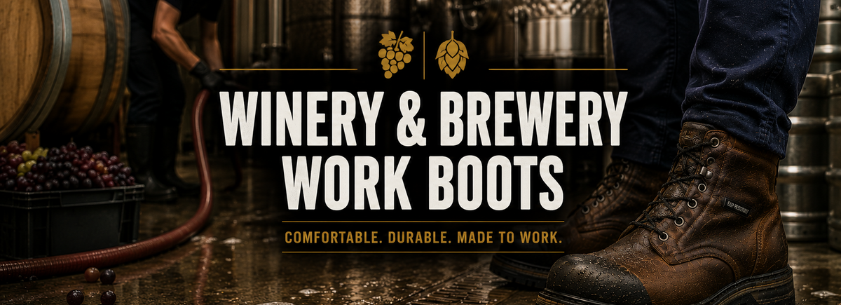 Brown leather work boots worn inside a brewery production area.