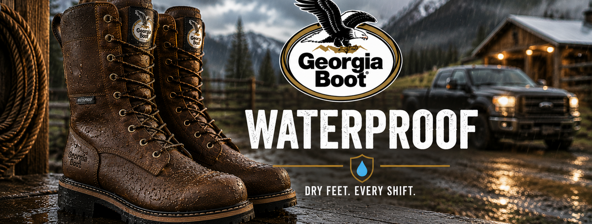 Pair of brown Georgia Boot waterproof work boots displayed on a wet wooden surface in a mountain cabin setting.
