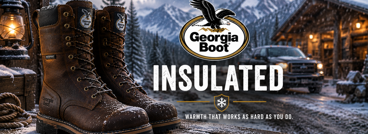 Pair of brown insulated work boots displayed in a snowy outdoor mountain setting with a cabin and truck in the background.