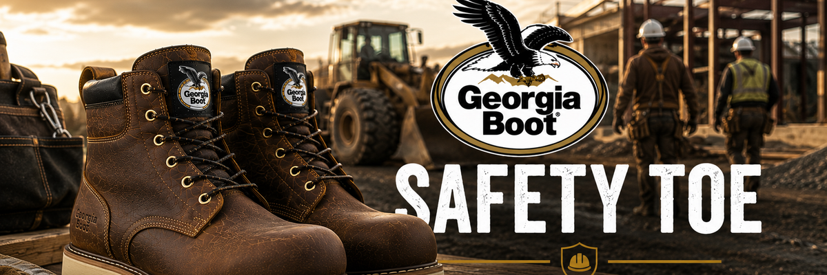Pair of brown leather safety boots with steel-toe protection, displayed on a wooden surface in a construction site setting at sunset.