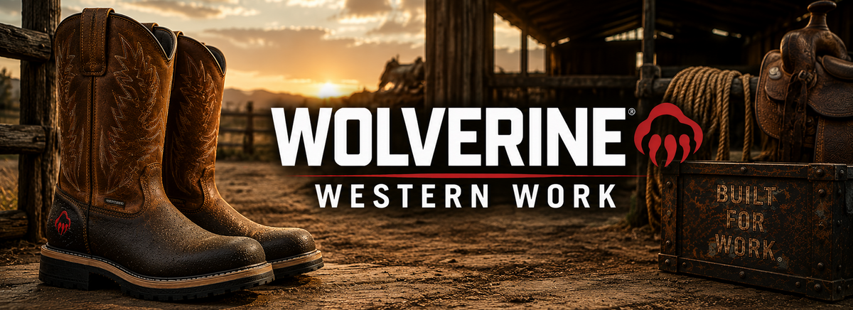 Pair of brown leather cowboy boots standing on a dirt ground next to a wooden fence, with a western barn and sunset in the background.