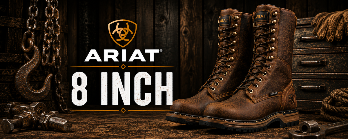 Pair of Ariat 8-inch work boots in dark brown leather, displayed on a rustic wooden surface with industrial props like a hook, chains, and tools.