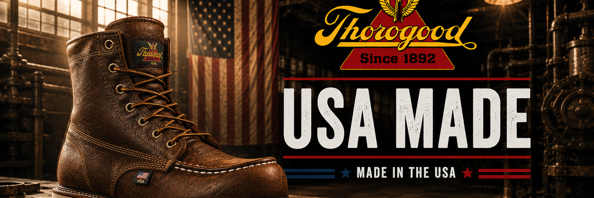 A brown leather work boot is shown in a rustic industrial setting with an American flag and large text reading 'Therogood Since 1892 USA MADE MADE IN THE USA'.
