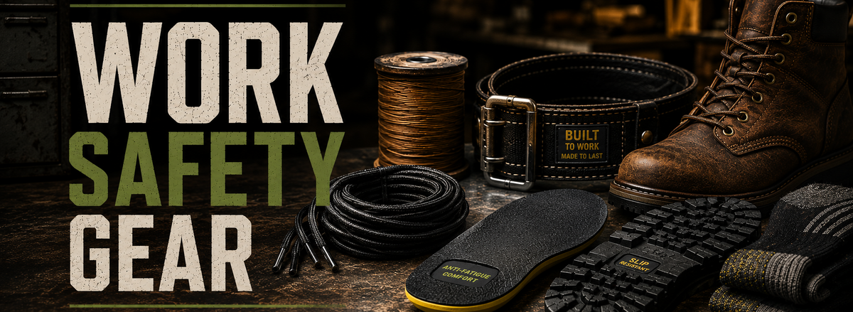 Work safety equipment including a leather boot, toe cap, utility belt, insoles and accessories.