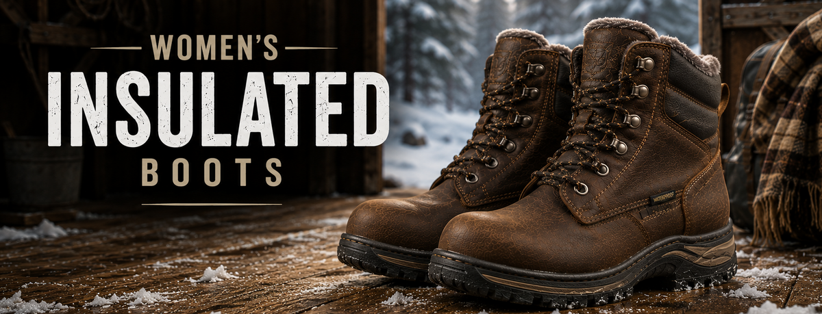 Pair of women's brown insulated lace-up boots displayed on a snowy wooden floor in front of a rustic cabin doorway with a winter forest background.