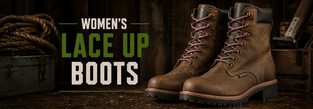 Women's brown lace-up leather work boots on a rustic wooden surface.