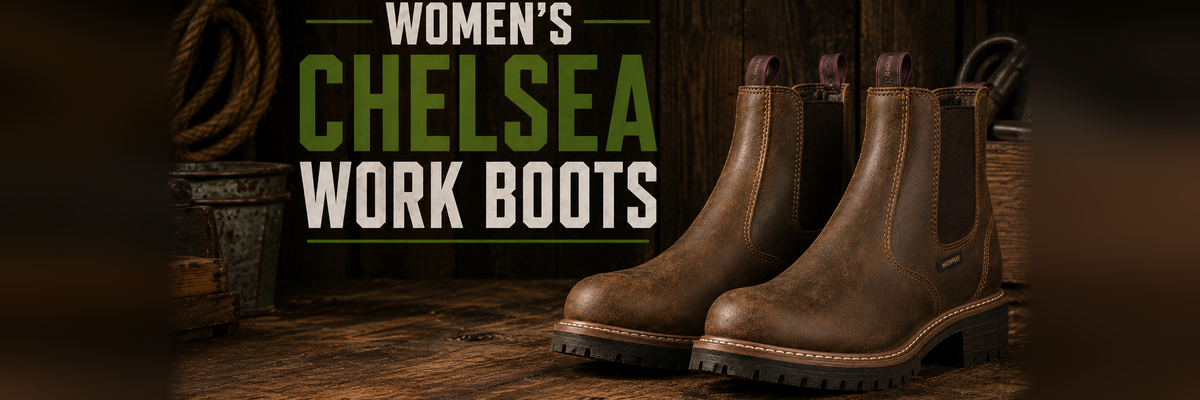 A pair of women's Chelsea-style work boots in distressed brown leather, displayed on a rustic wooden surface with a dark wood backdrop and overlaid text reading 'WOMEN'S CHELSEA WORK BOOTS'.