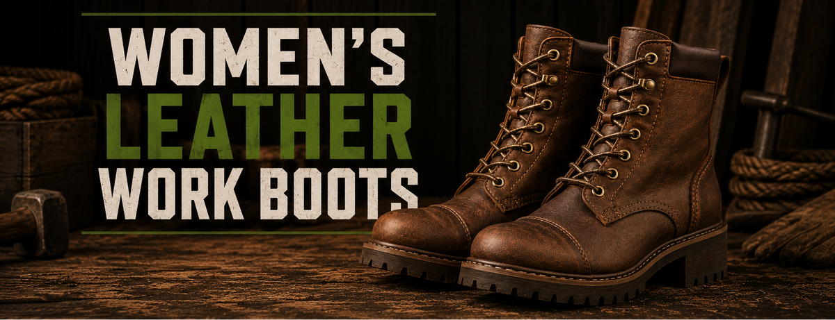 A pair of brown leather lace-up work boots displayed on a rustic wooden surface with rope and dark wood background. Large text on the left reads 'WOMEN'S LEATHER WORK BOOTS'.