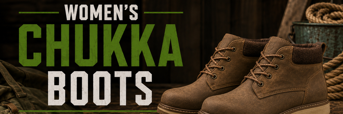 Women's brown leather chukka boots on a rustic wooden workbench.