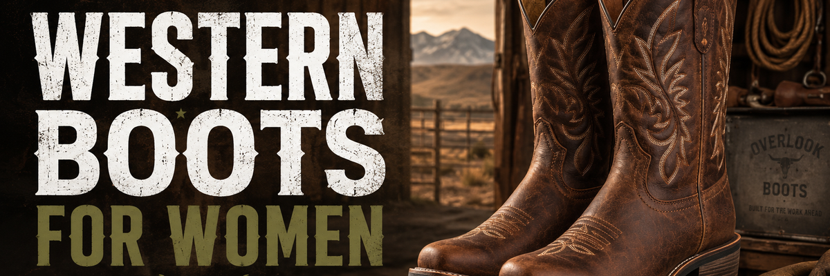 Pair of brown western boots with floral embroidery, displayed on a rustic wooden surface inside a barn setting with mountains visible in the background.