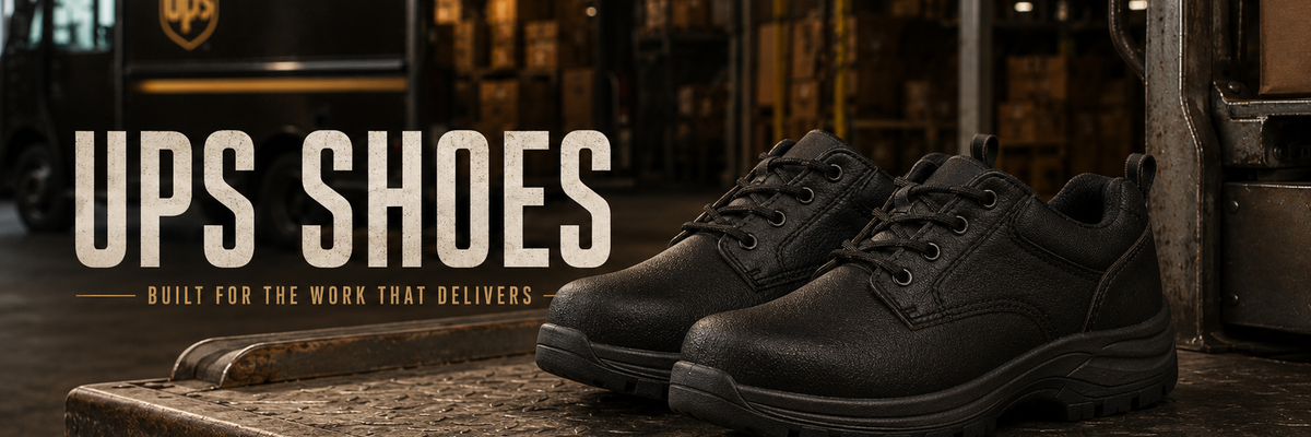 Pair of black work boots displayed on a rusty metal workbench in a warehouse setting.