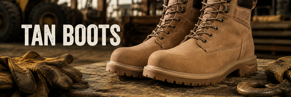 Pair of tan lace-up work boots displayed on a rough concrete surface in a construction yard.