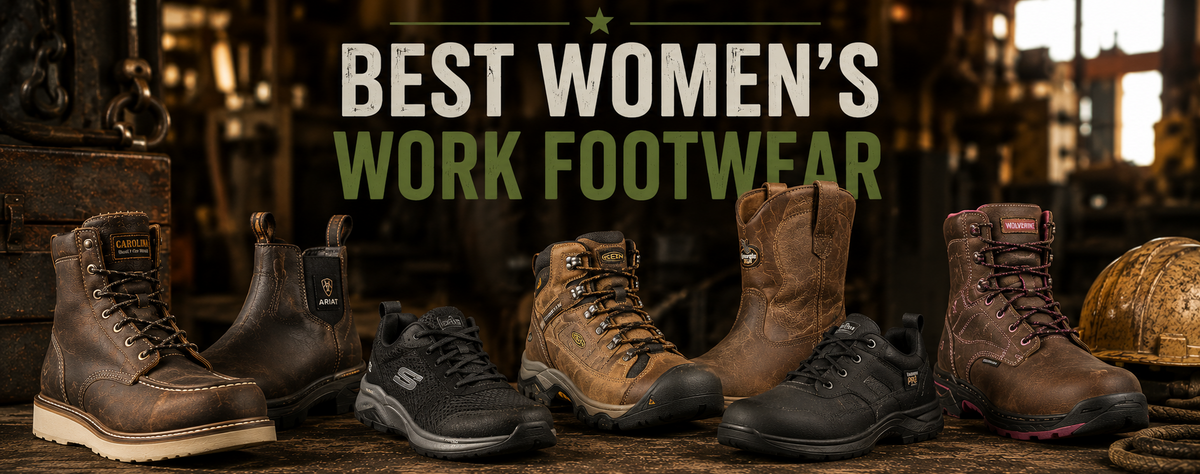 A lineup of various lace-up boots, work shoes, and ankle boots in brown, black, and tan.