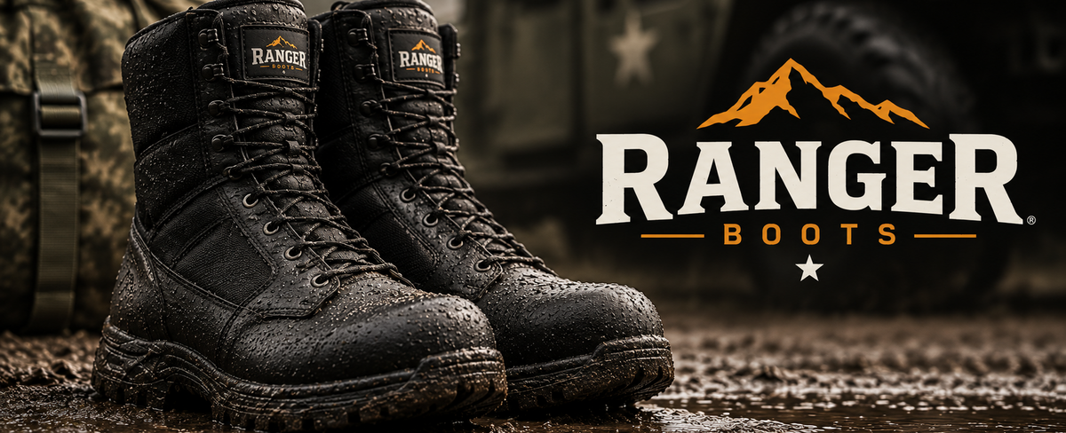 Pair of black Ranger Boots tactical combat boots shown in a muddy outdoor setting with a military vehicle blurred in the background.