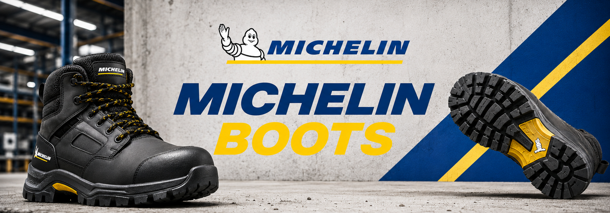 Pair of Michelin boots shown in a promotional industrial setting, with one boot standing upright on the left and the sole of another boot displayed on the right.