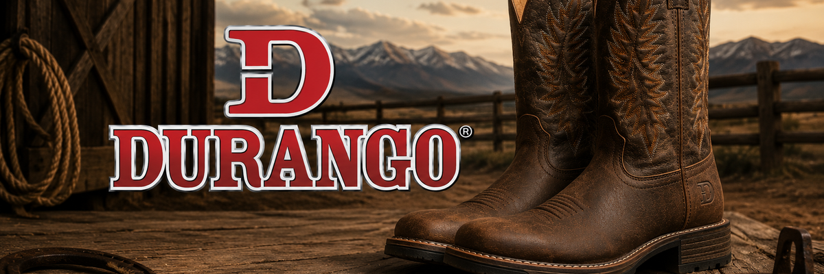A pair of brown leather cowboy boots with western embroidery, displayed on a rustic wooden surface with a mountain backdrop and the Durango logo overlaid on the left.
