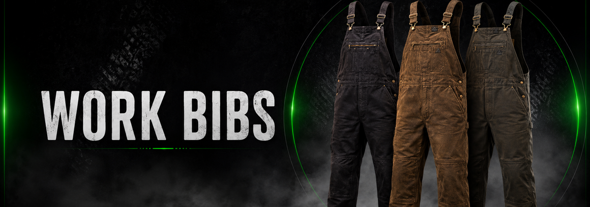 Three pairs of work bib overalls in black, brown, and gray are displayed side-by-side against a dark, smoky background with green accents and the text 'WORK BIBS' on the left.