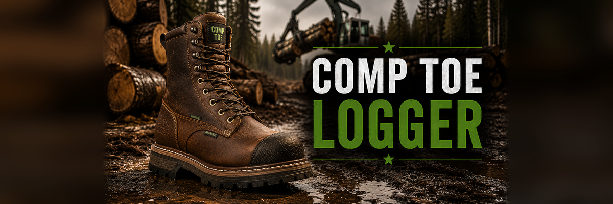 A brown leather work boot with a protective toe cap stands in a muddy outdoor logging scene, with large text reading 'COMP TOE LOGGER' on the right side of the frame.