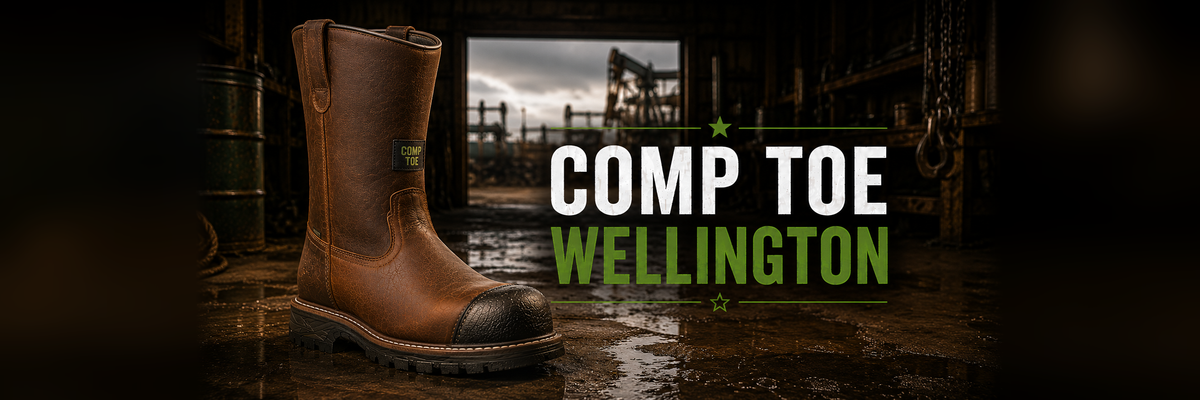A brown leather Comp Toe Wellington work boot is shown in a dark industrial setting with wet concrete, alongside large text reading 'COMP TOE WELLINGTON'.