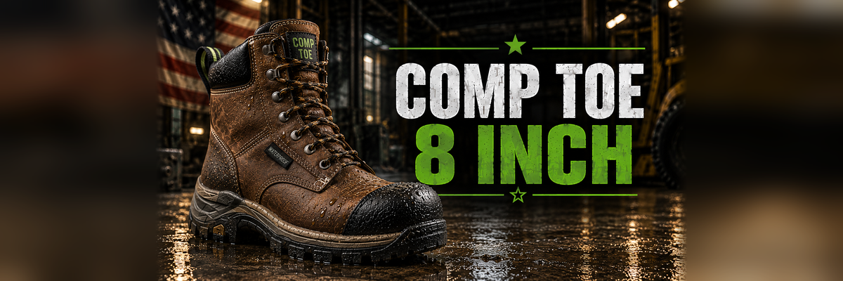 A brown leather Comp Toe 8-inch work boot is shown on a wet industrial floor with a large text overlay reading 'COMP TOE 8 INCH' on the right side.