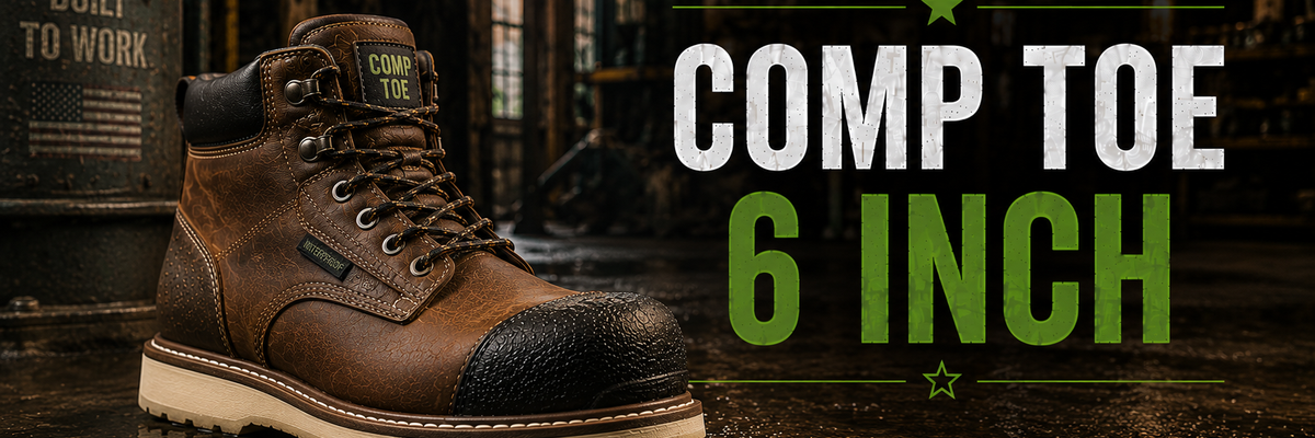 A brown leather work boot with a black toe cap and white midsole, shown in a dark industrial setting with large text reading 'COMP TOE 6 INCH'.