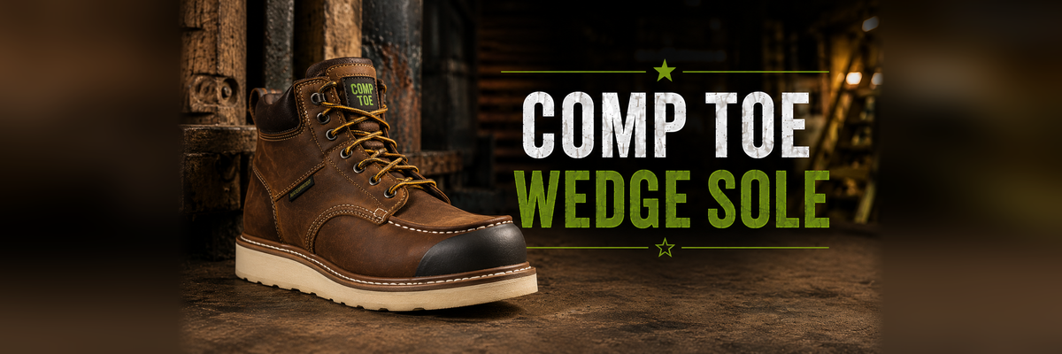 Brown leather composite-toe work boot with a flat wedge outsole on a wooden floor.