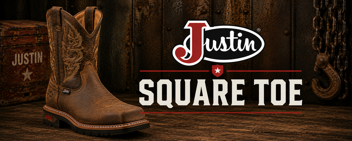 Justin western work boots with wide square toes.