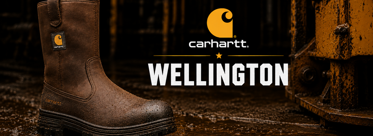 A brown Carhartt Wellington work boot shown on a wet industrial floor, with the Carhartt logo and the word WELLINGTON overlaid on the right side.
