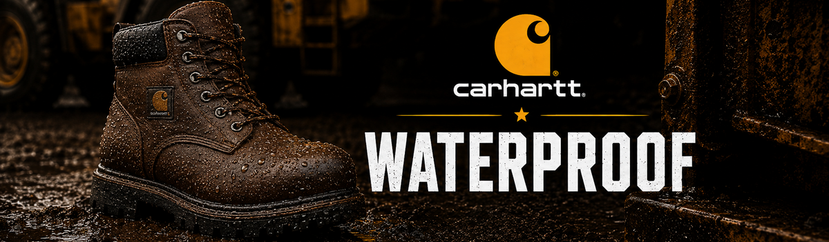 A brown Carhartt waterproof work boot shown on wet, muddy ground with heavy machinery in the background, alongside the Carhartt logo and the word 'WATERPROOF'.