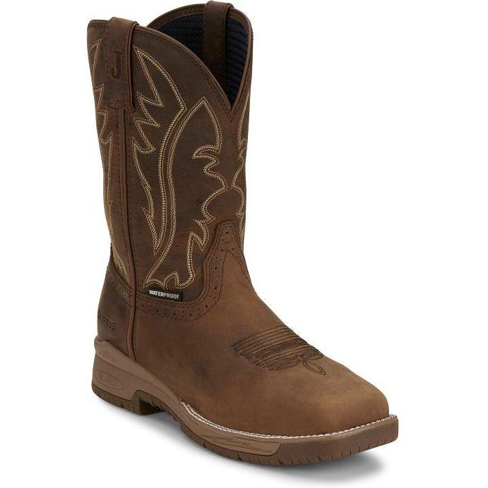 Justin Men's Nitread 11" Comp Toe Waterproof Pull On Work Boot- Brown- CR3207 7 / Medium / Brown - Overlook Boots