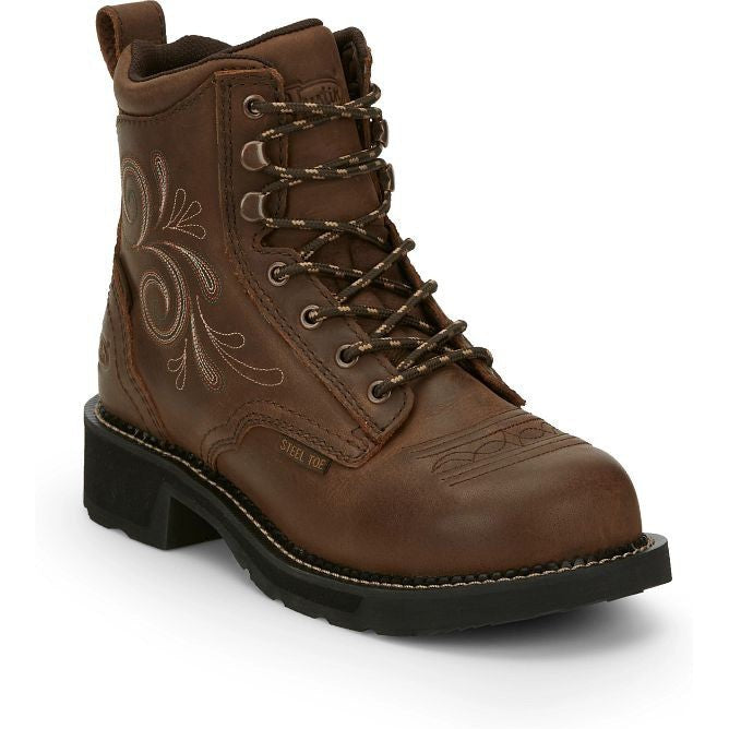 Justin Women's Katerina 6" Steel Toe Waterproof Slip Resistant Work Boot - Aged Bark Brown - GY985 - Overlook Boots